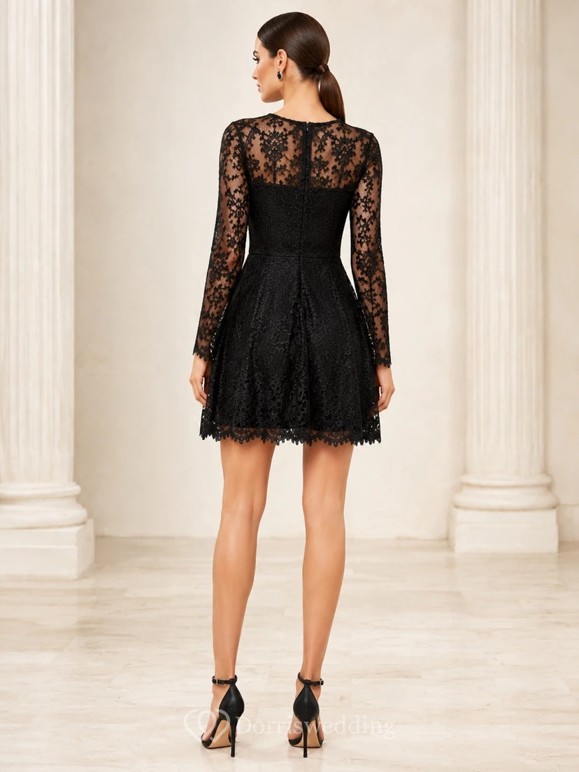 Black Elegant Modern Square Long-Sleeve Lace A-Line Short Formal Dress view 2