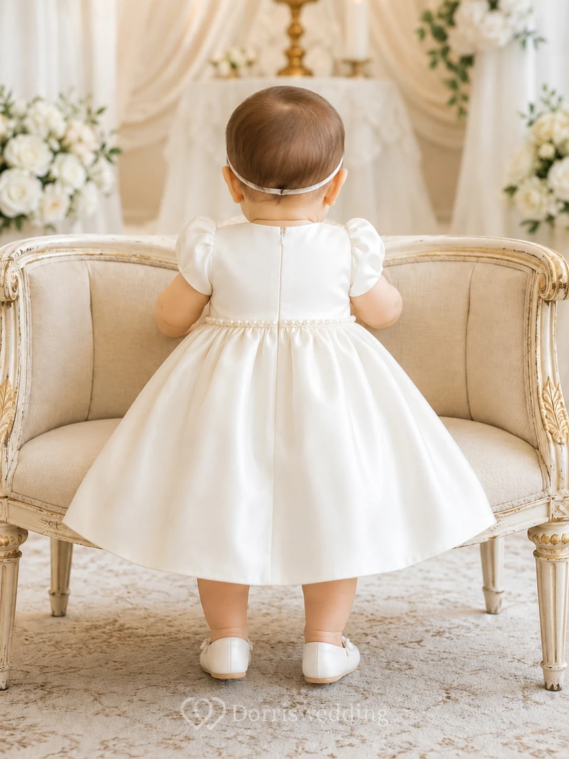 Short Sleeve Baptism Dress A-Line Satin Jewel Neck Bow Sash Knee-Length view 2