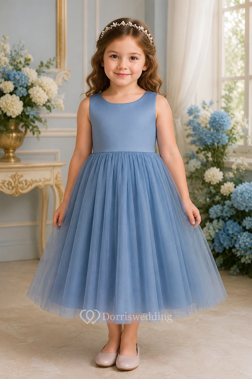 Purple Scoop-neck Sleeveless Satin A-line Tulle Flowergirl Dress view 4