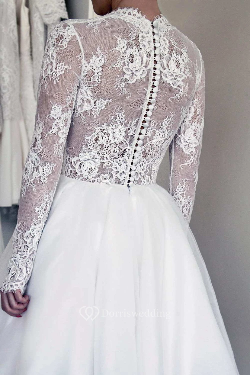 Ball Gown Short Mini Illusion Sleeve Tulle Satin Taffeta Lace Wedding Dress view 3