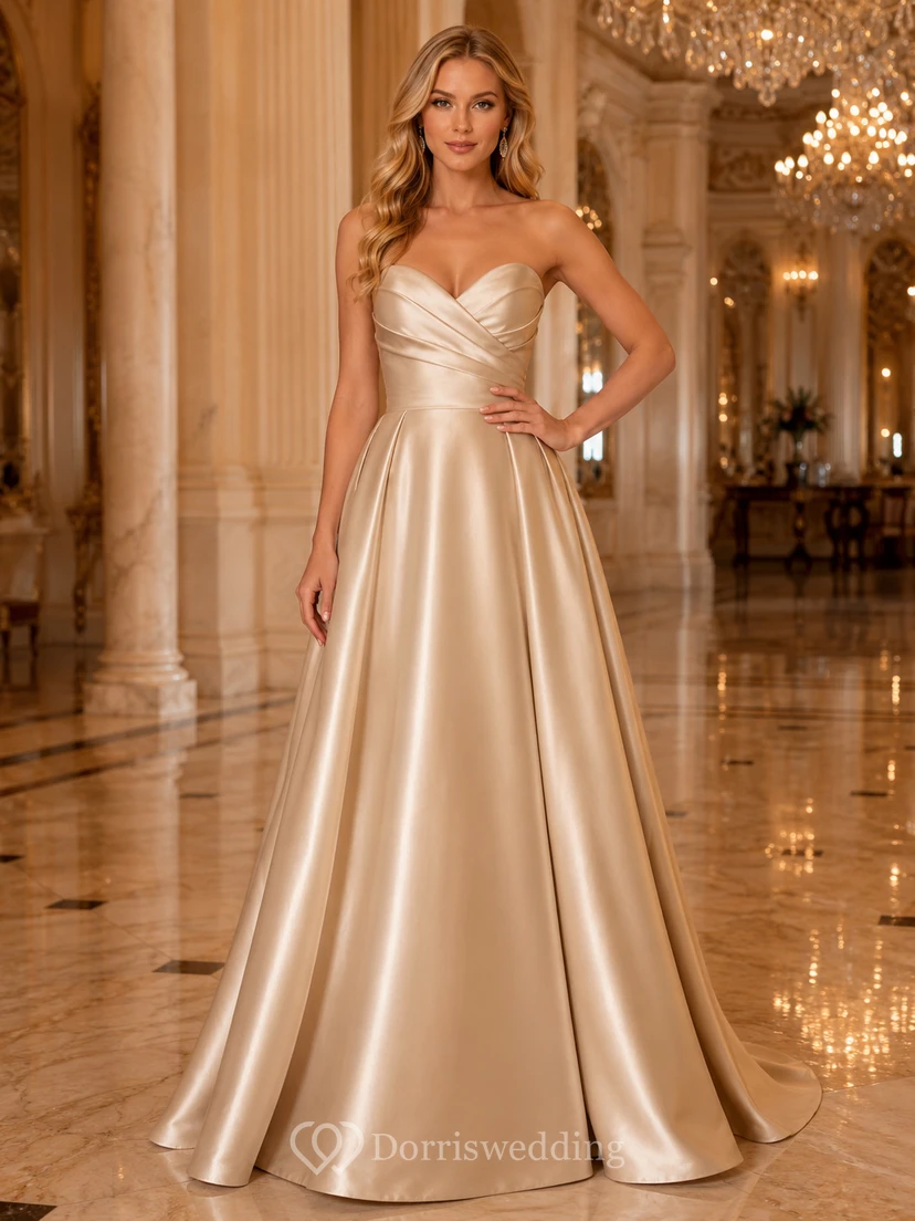 Vestido de fiesta largo hasta el suelo, color champán, de satén, sin tirantes, con escote corazón y corte en A.