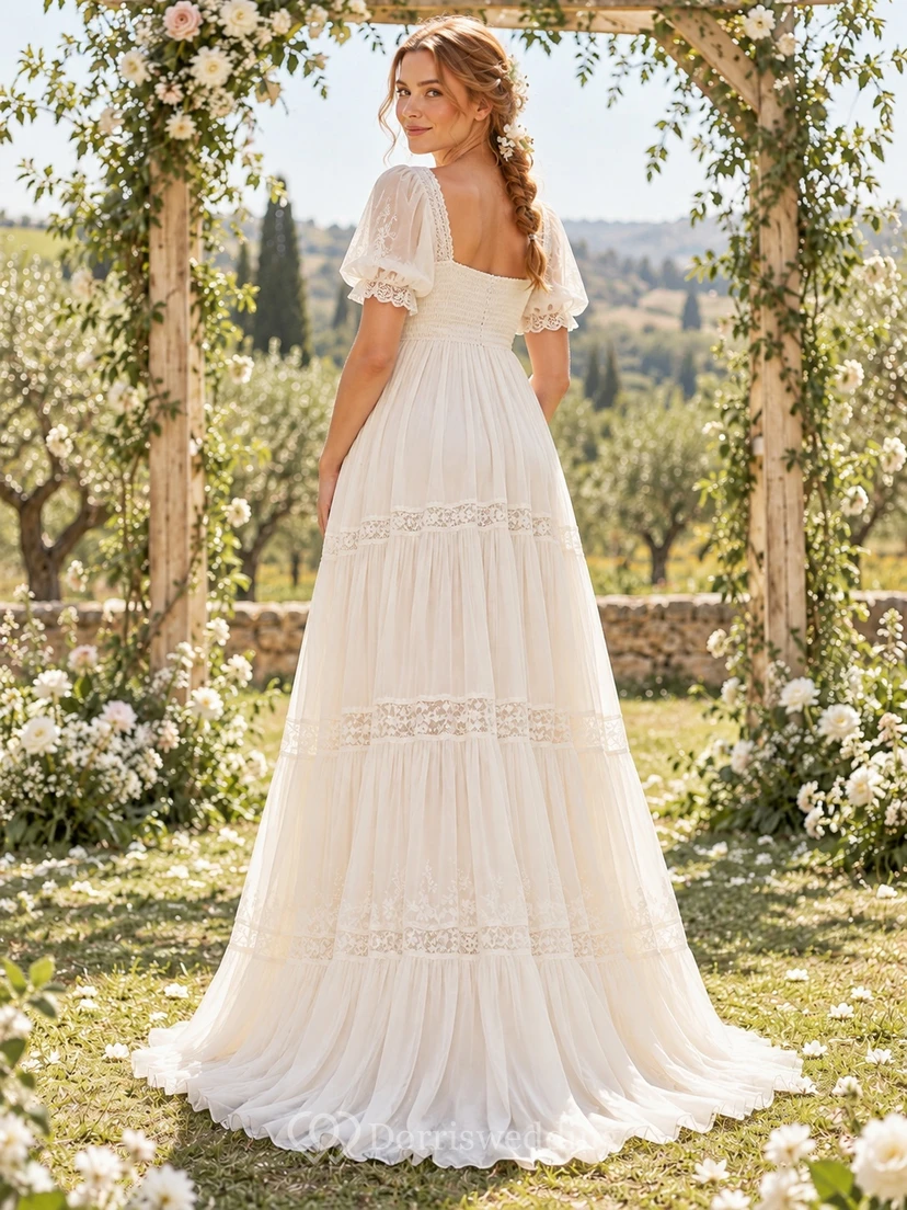 Boho Maternity Square Neck Puff Sleeve Chiffon Wedding Dress view 2