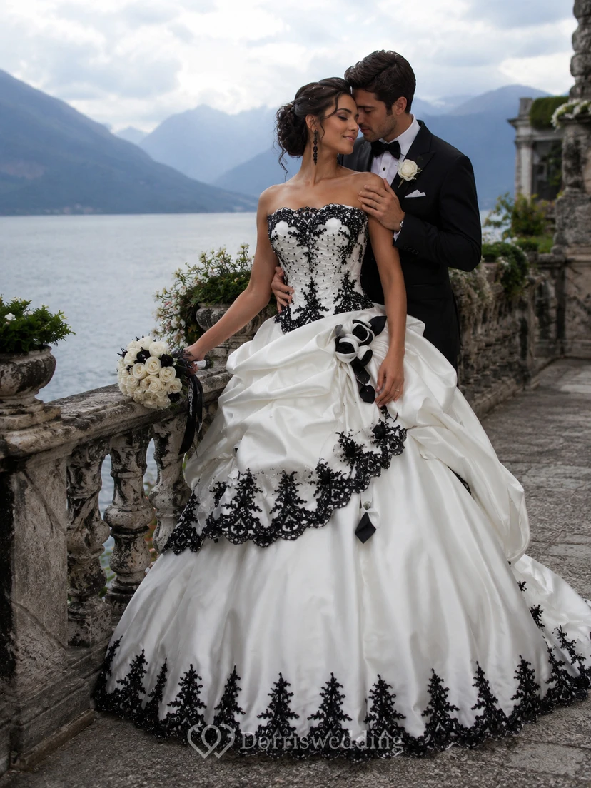 Ball Gown Taffeta Strapless Sleeveless Court Train Princess Wedding Dress with Beading Cascading Ruffles and Tiers