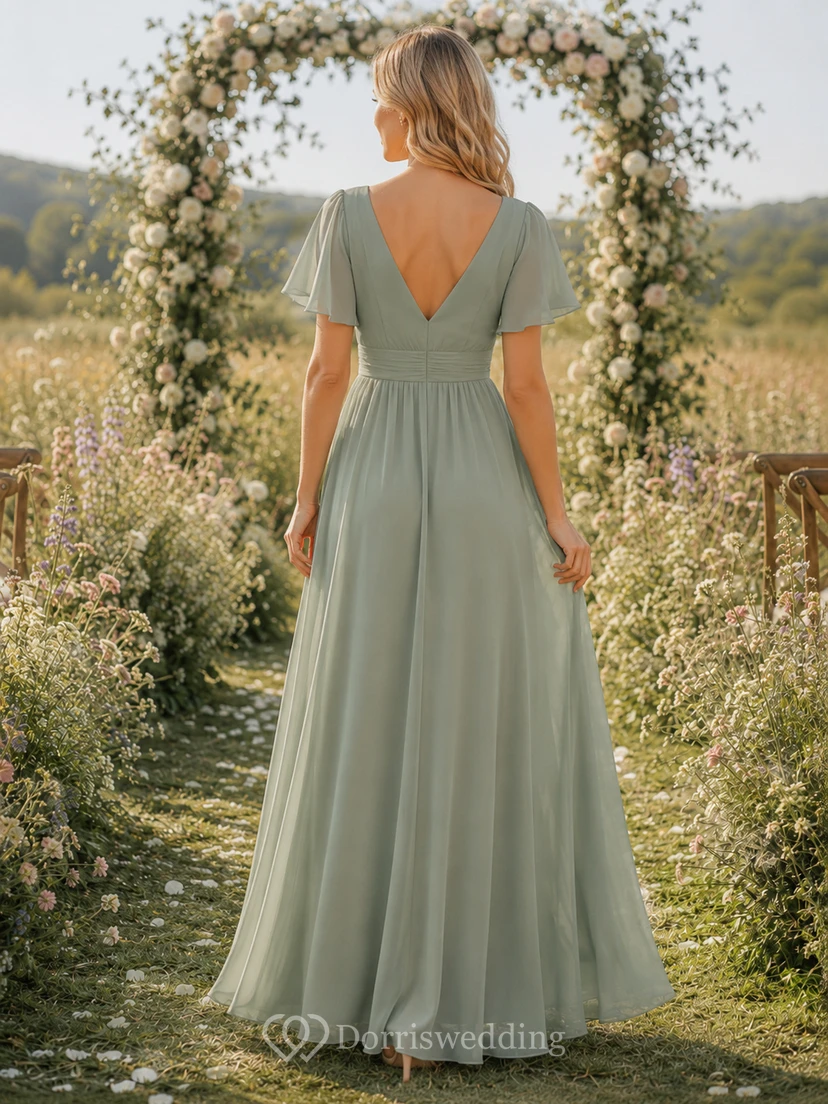 Sage Green Flutter Sleeve V Neck Floor Length A Line Guest Dress view 2