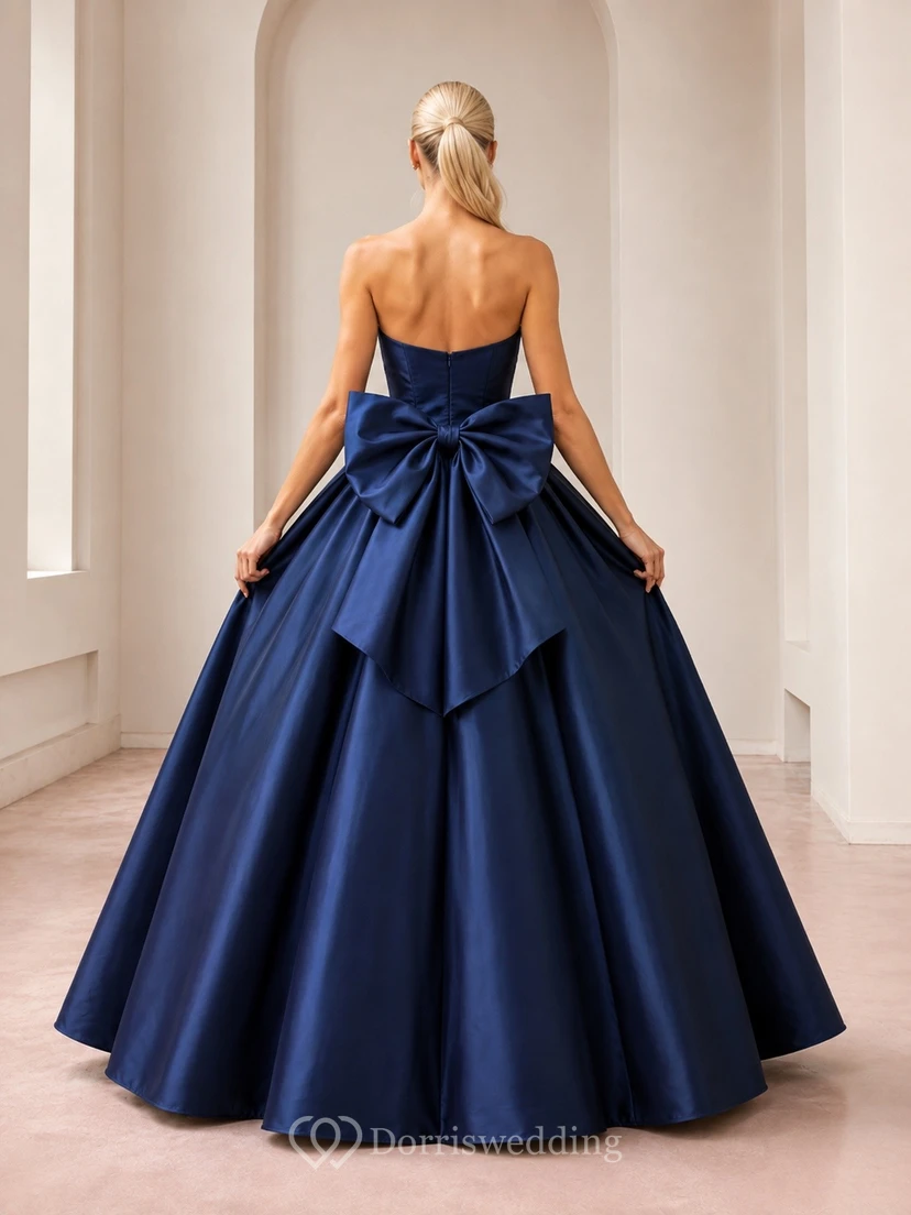 Luxury Dark Navy Satin Ball Gown Floor-Length Sweetheart Strapless Formal Dress view 2
