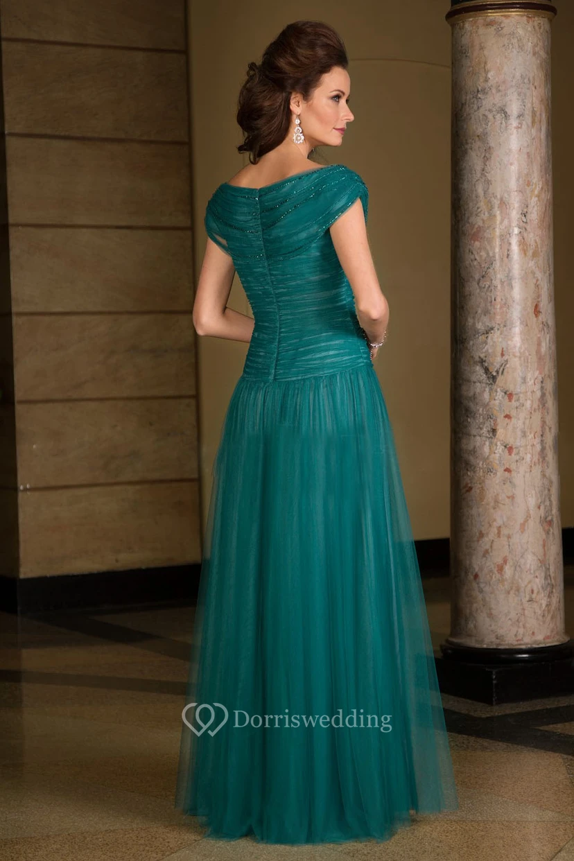 Cap-Sleeved Long Tulle Mother Of The Bride Dress With Ruches And Beadings view 2