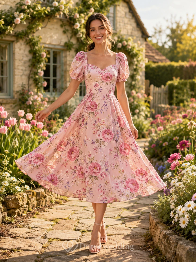 Bright Pink Floral Puff Sleeve Square Neck Midi Dress