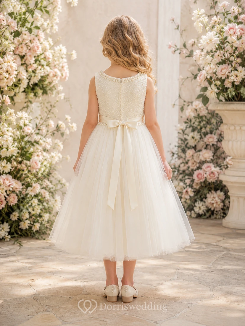 Romantisches, elegantes, ärmelloses Tüllkleid in A-Linien-Optik mit Perlenbesatz und Teelänge für Blumenmädchen view 2