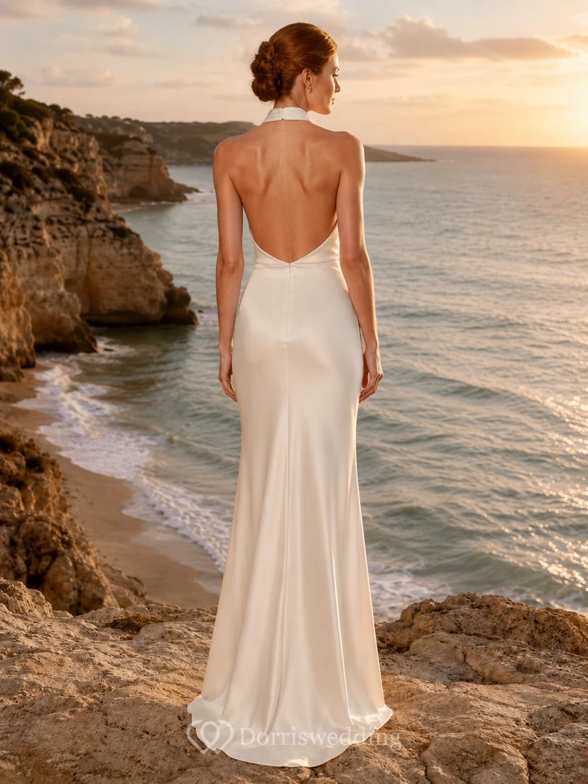 Beach Halter Cowl Neck Backless Sheath Floor-Length Sweep Train Simple Wedding Dress view 2