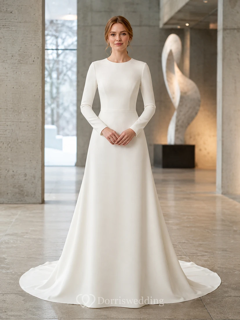 Winter Minimalist Bateau Long Sleeve A-Line Wedding Dress
