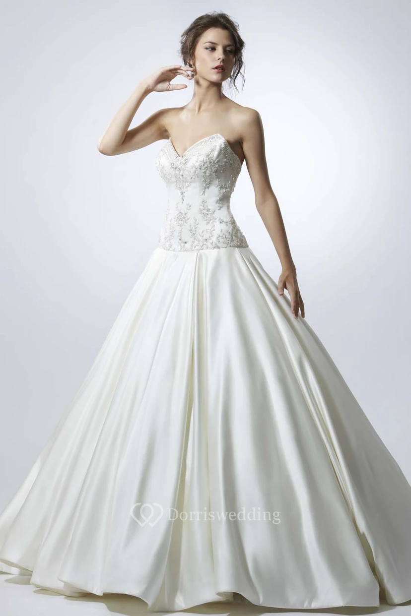 Floor-Length Sweetheart Beaded Satin Wedding Dress With Brush Train And V Back view 3
