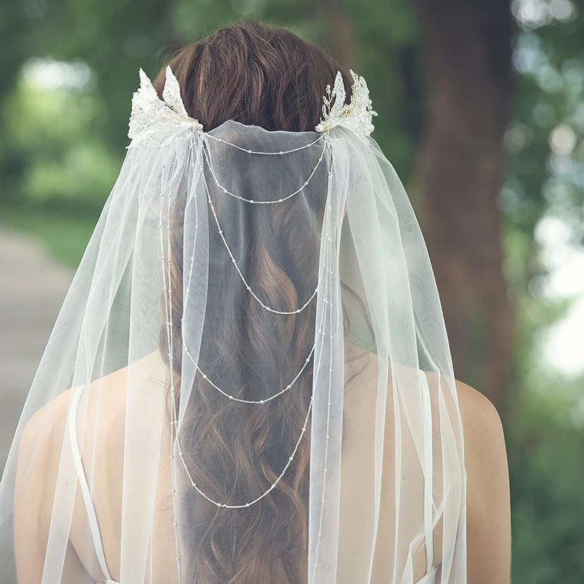 Simple Style Mid-length Beaded Veil  view 4