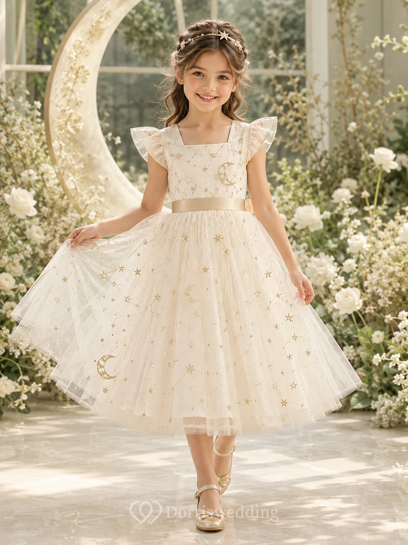 Flower Girl Dress A-Line Cream Moon Star Tulle Flutter Sleeve Garden