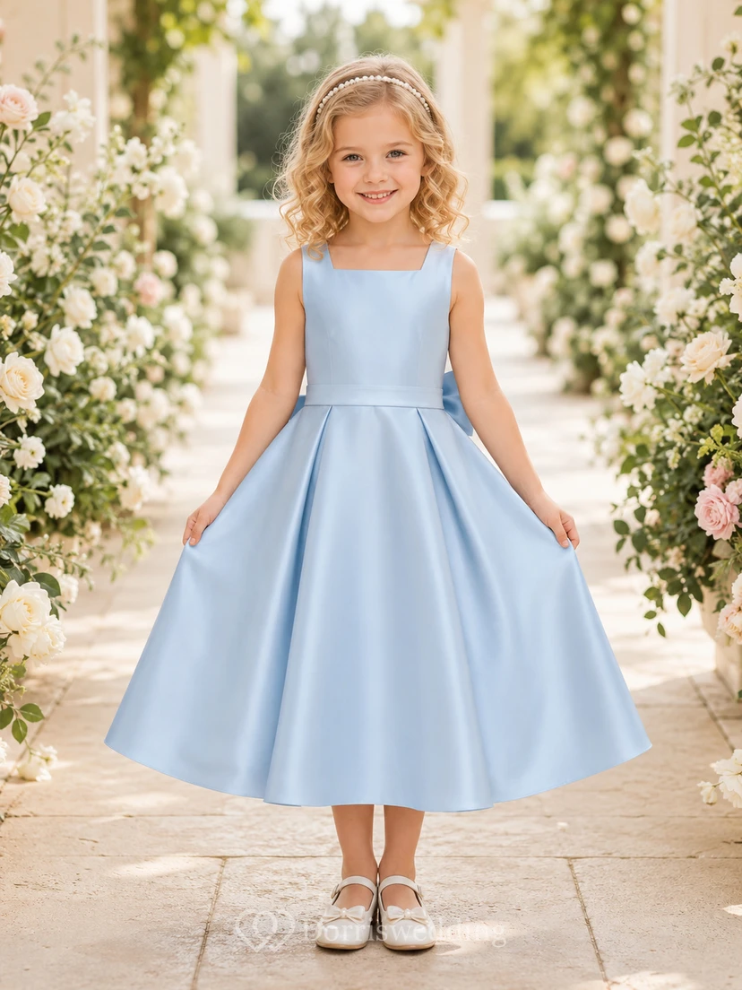Robe de demoiselle d'honneur bleu ciel en satin, coupe trapèze, sans manches, avec nœud et jupe plissée.