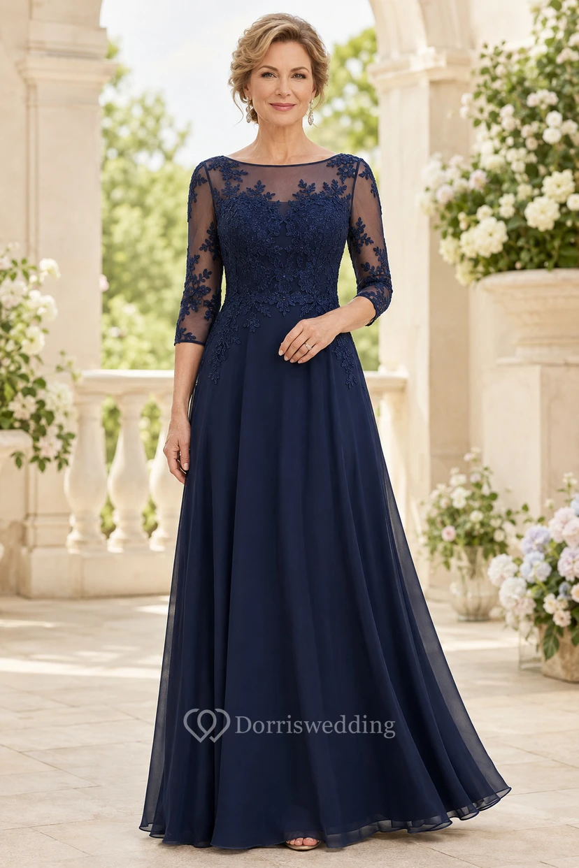 Dunkelblaues A-Linien-Kleid aus Spitze mit Illusionseffekt und Dreiviertelärmeln