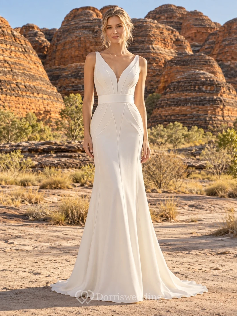 Robe de mariée fourreau sans manches à décolleté plongeant en V et traîne balayée