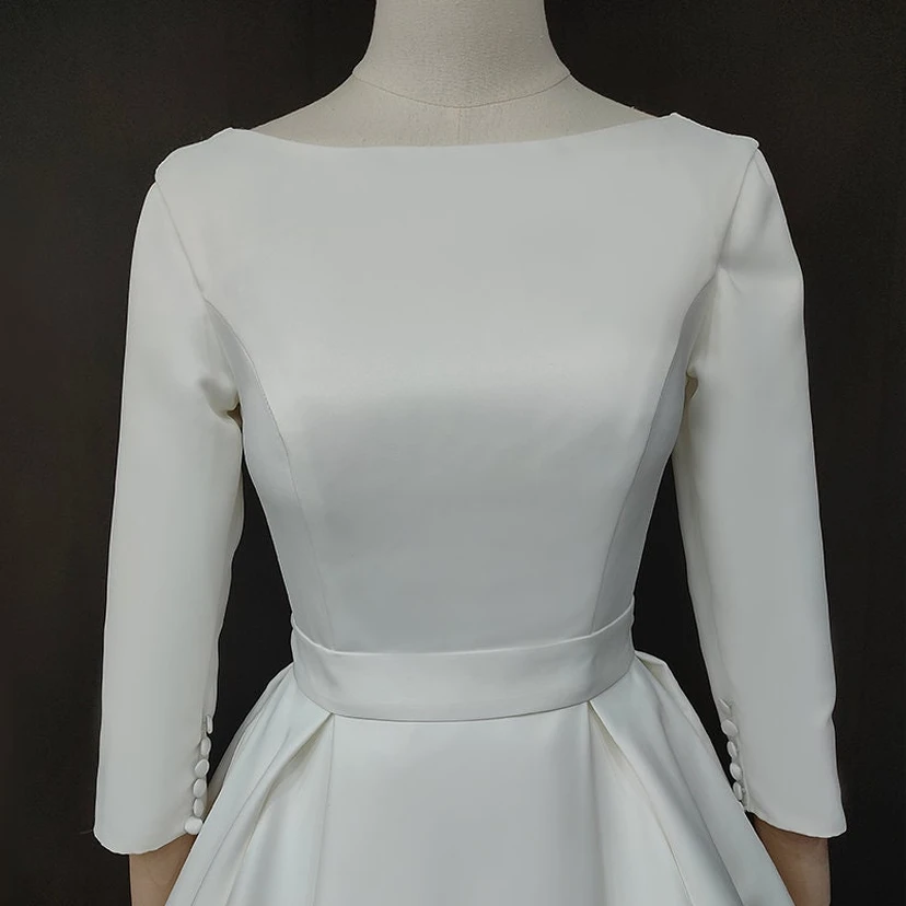 Vestido de novia liso de corte A, manga larga, satén, modesto view 7