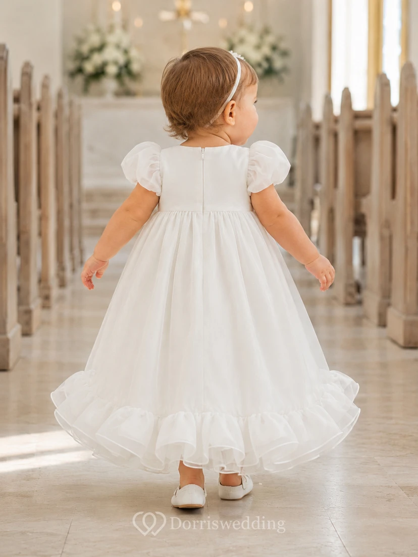 Square Neck Ruffled Hem Baby Christening A-Line Puff Sleeve Dress Simple view 2