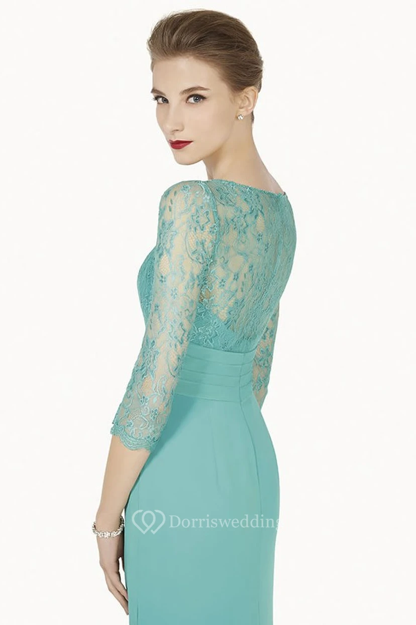 Sheath Broach Floor-Length Scoop-Neck Half-Sleeve Chiffon Prom Dress With Draping And Lace view 2