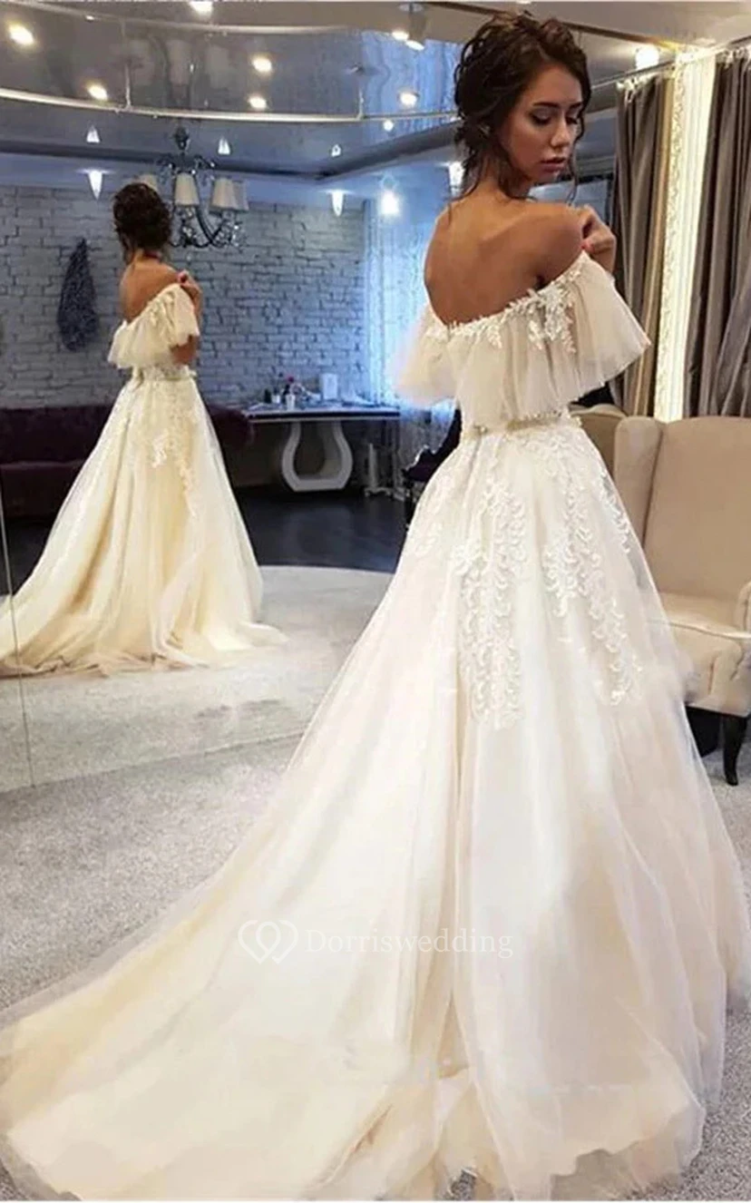 Off-the-shoulder Empire A-line Chiffon Adorable Wedding Dress with Lace Top view 2