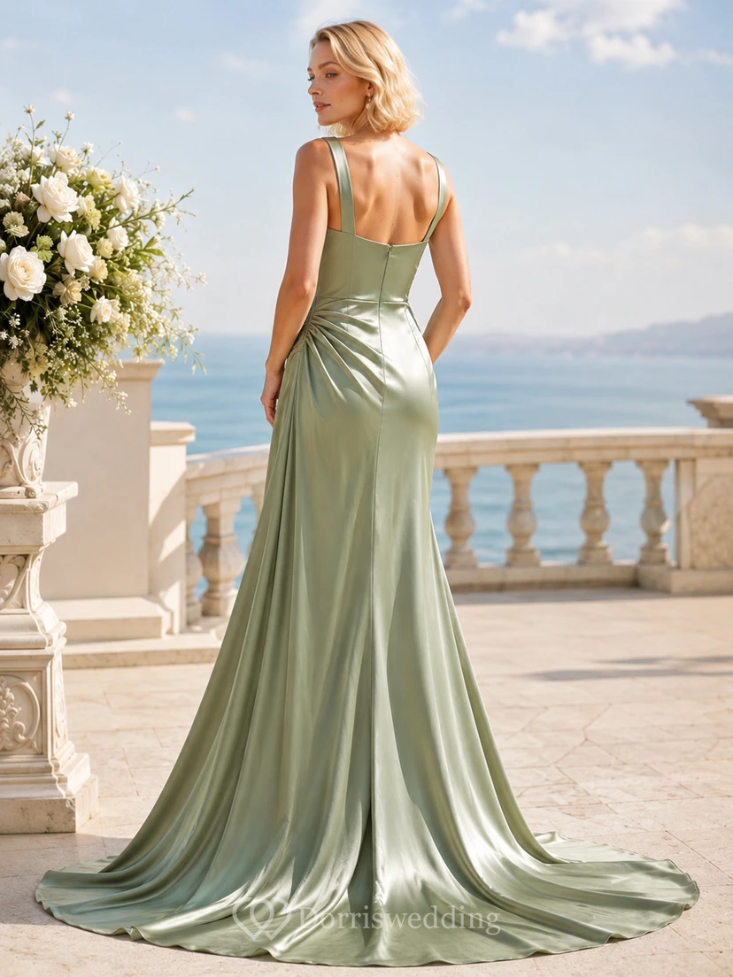 Sage Green Square Neck Satin Sheath Split Front Court Train Wedding Dress view 2