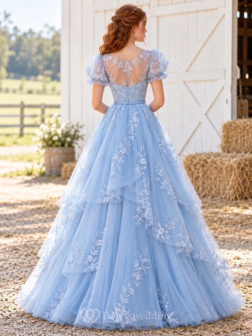 Robe de bal western bleu ciel à manches bouffantes en tulle fleuri et manches bouffantes view 2