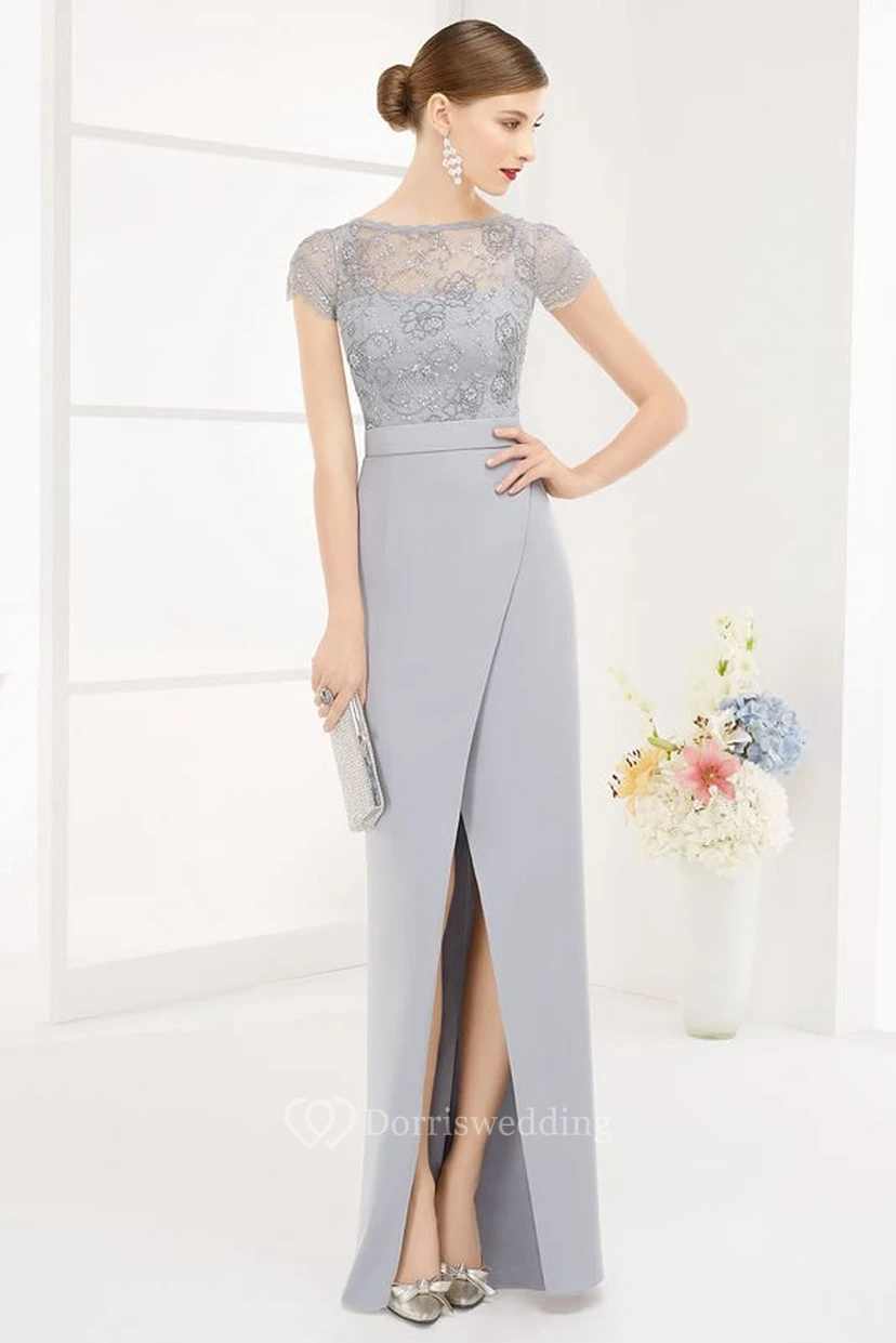Bateau Short Sleeve Sequin Lace Top Long Prom Dress With Front Split