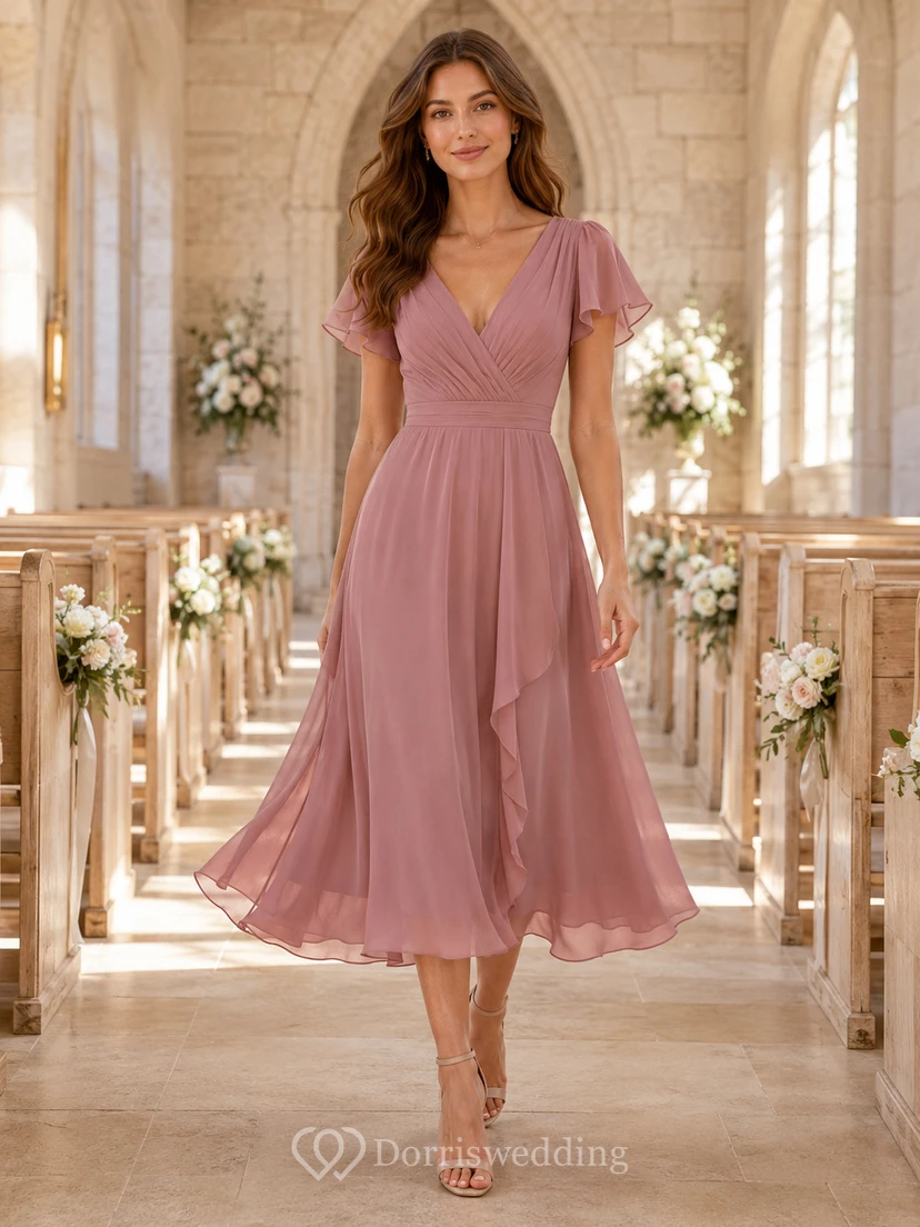 Chapel Dusty Rose V-Neck Chiffon A-Line Tea-Length Flutter Sleeve Dress