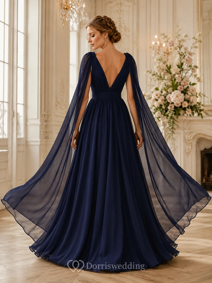 Vestido de gala largo de gasa azul marino oscuro con escote en V profundo y corte en A. view 2