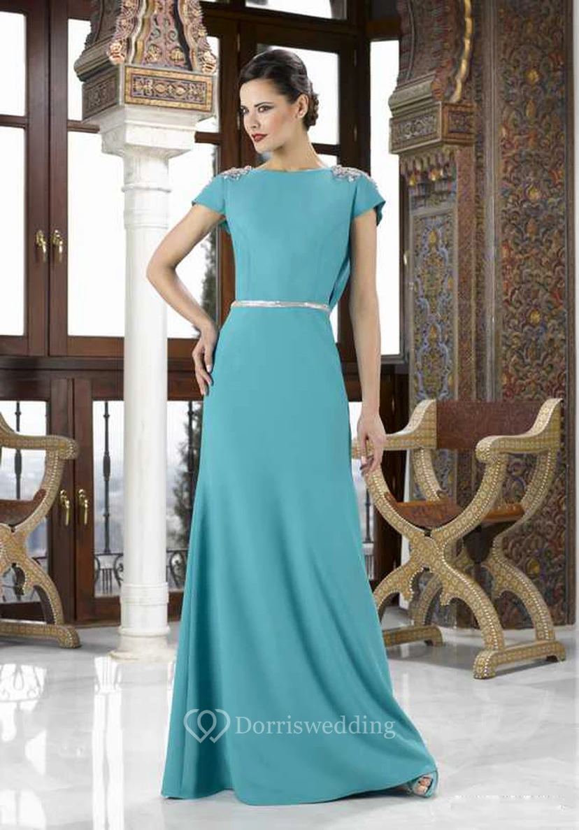 Maxi Beaded Cap Sleeve Jewel Neck Jersey Mother Of The Bride Dress