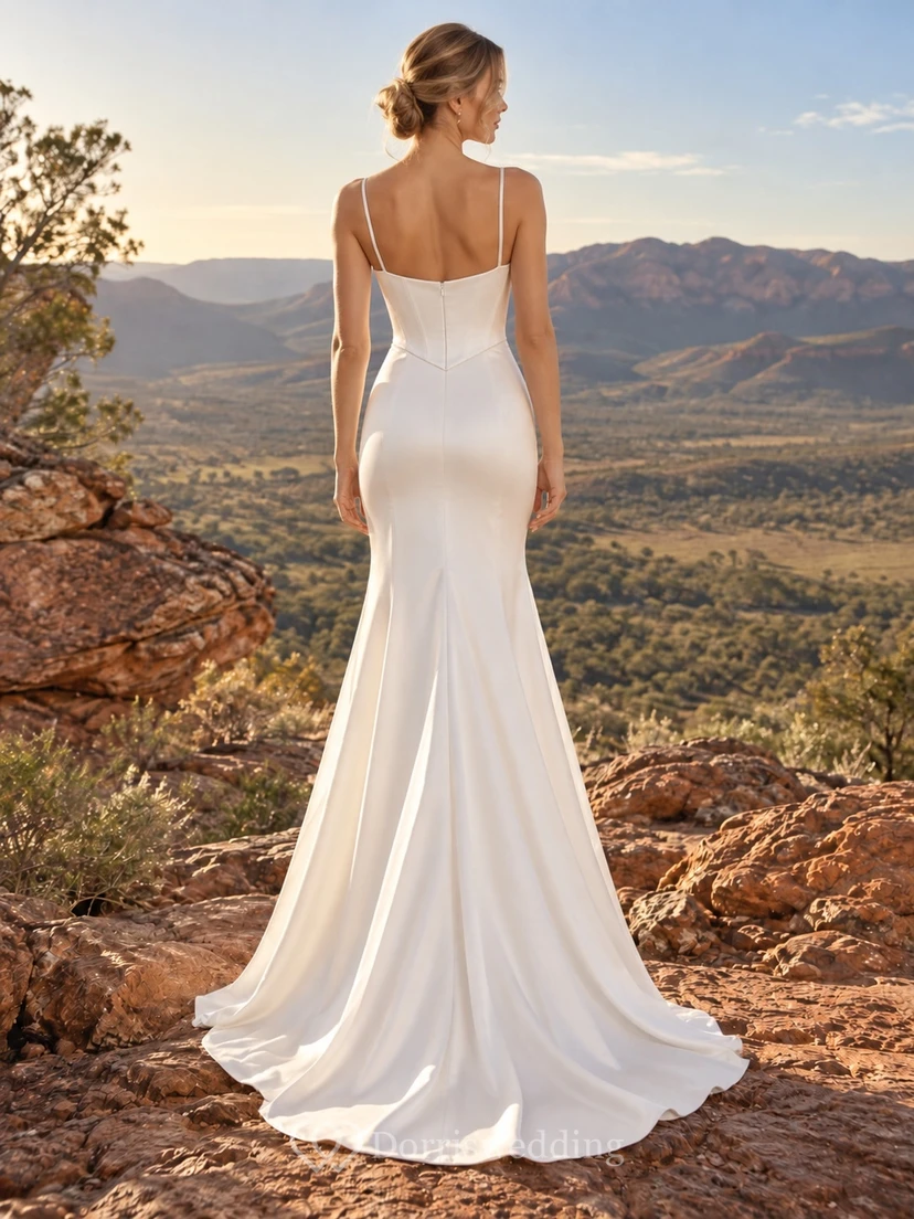 Einfaches Brautkleid mit Wasserfallausschnitt, Spaghettiträgern, Meerjungfrauen-Schleppe, Satin view 2