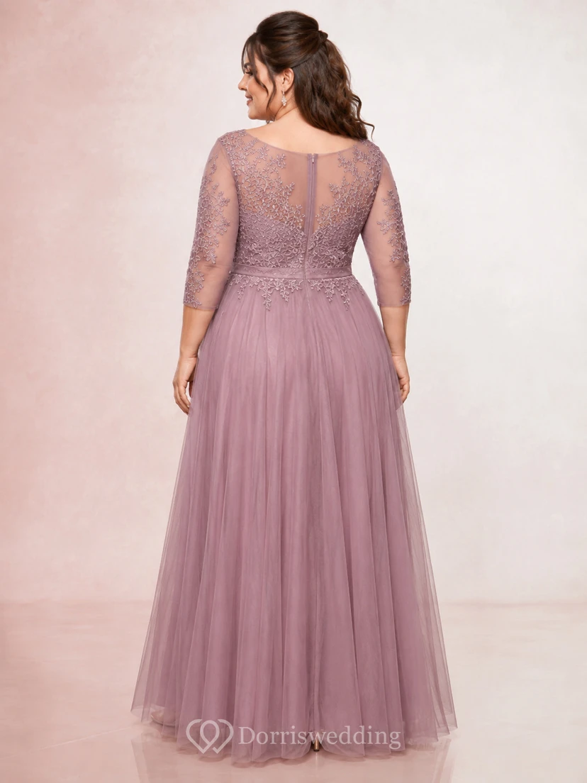 Robe trapèze grande taille en tulle mauve à manches longues view 2