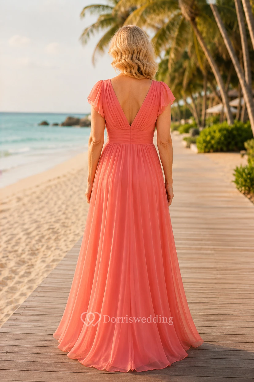 Korallenfarbenes Chiffon-Kleid in A-Linie mit V-Ausschnitt und Volantärmeln view 2