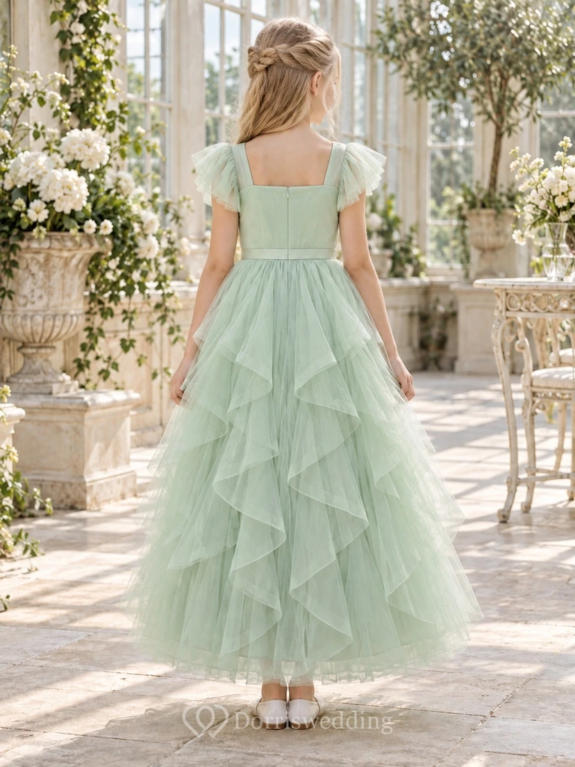 Square Neck Mint Flutter Sleeve Cascading Ruffle Tulle Flower Girl Dress view 2