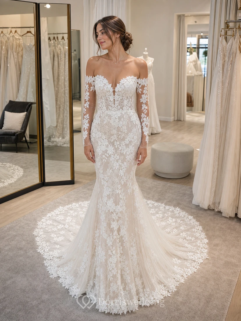 Vestido de novia elegante de encaje estilo sirena con mangas largas, escote de hombros descubiertos y efecto ilusión. view 6