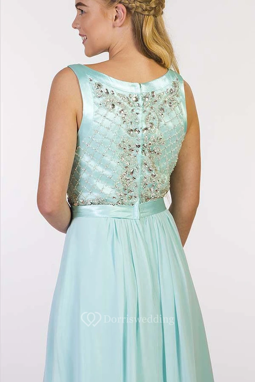 Sheath Long Beaded Scoop-Neck Sleeveless Chiffon Prom Dress view 2
