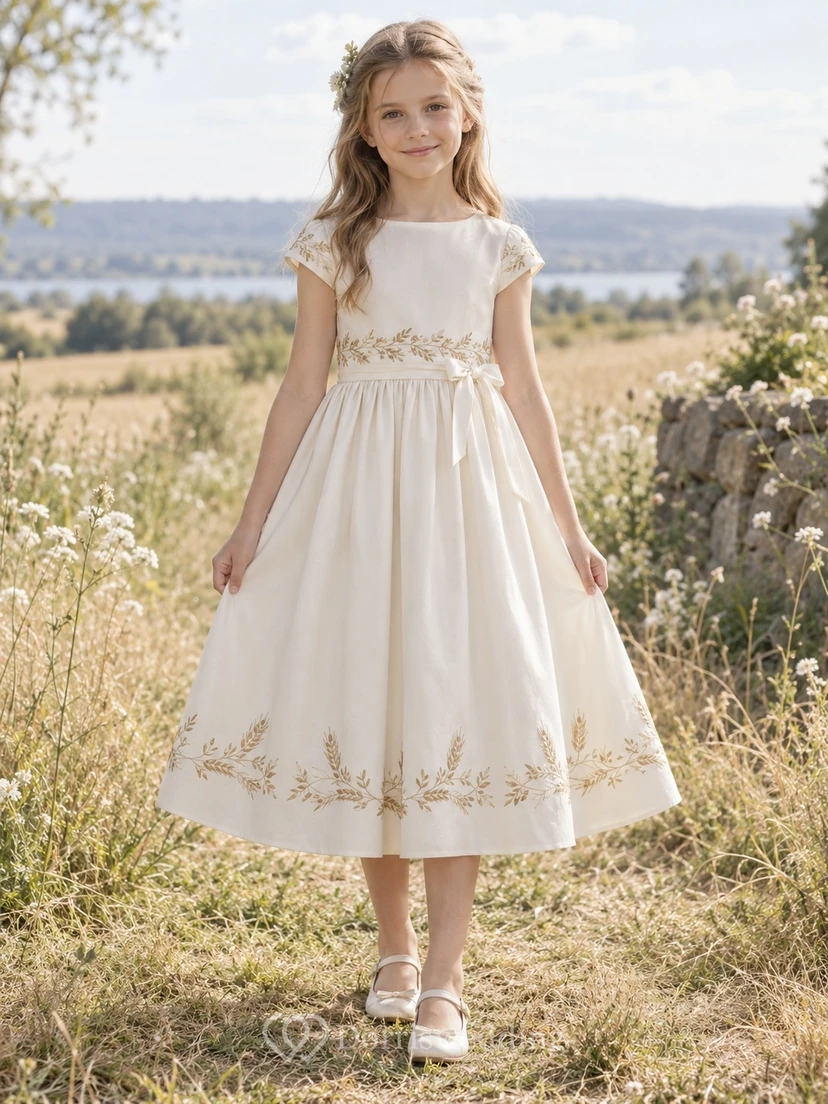 Country Tea-length Cream Bateau Cap Sleeve Wheat Embroidered Cotton Flower Girl Dress