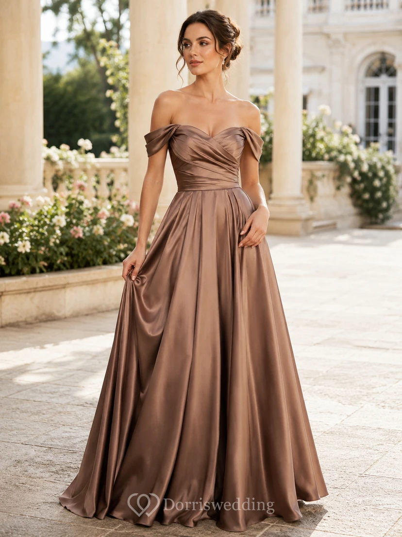 Vestido formal de satén color topo con escote Bardot y corte en A