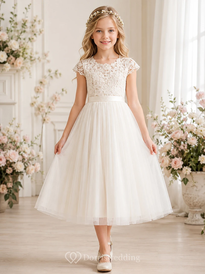 Romantic Crochet Lace Cap Sleeve Tulle Flower Girl Tea-Length Garden Dress