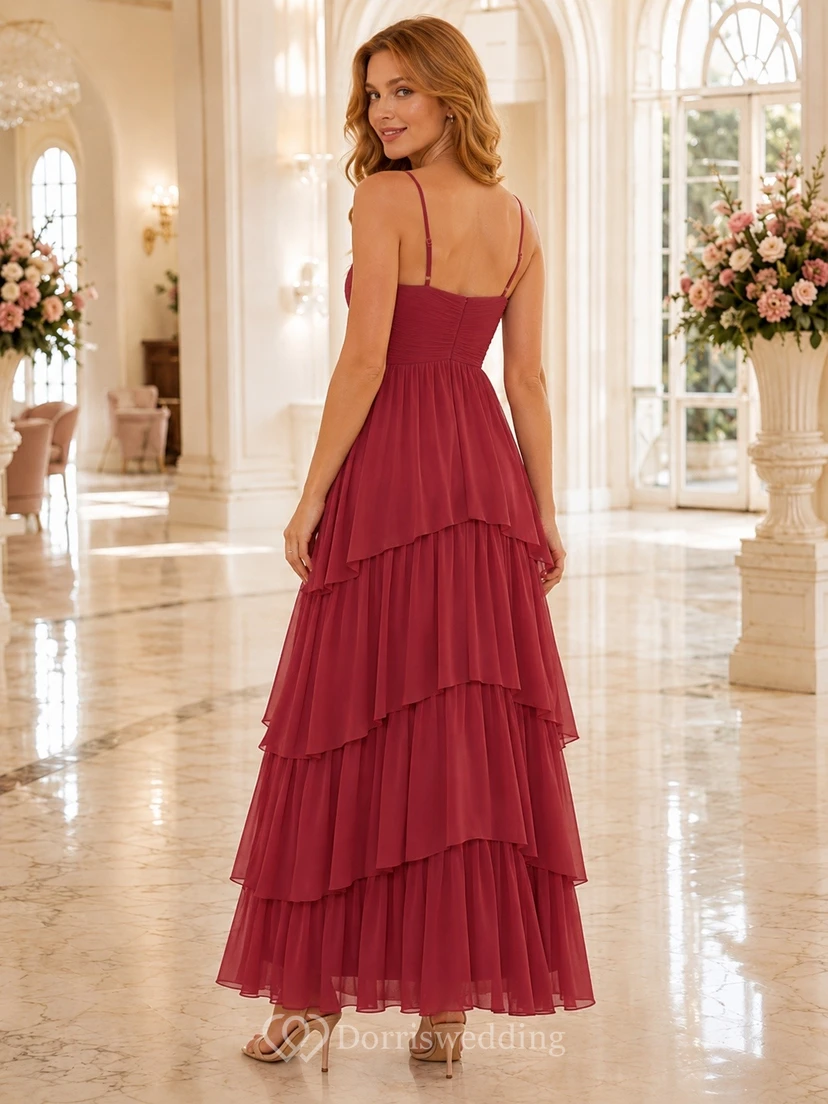 Romantic Burgundy Spaghetti Sweetheart Tiered Chiffon A-Line Dress view 2