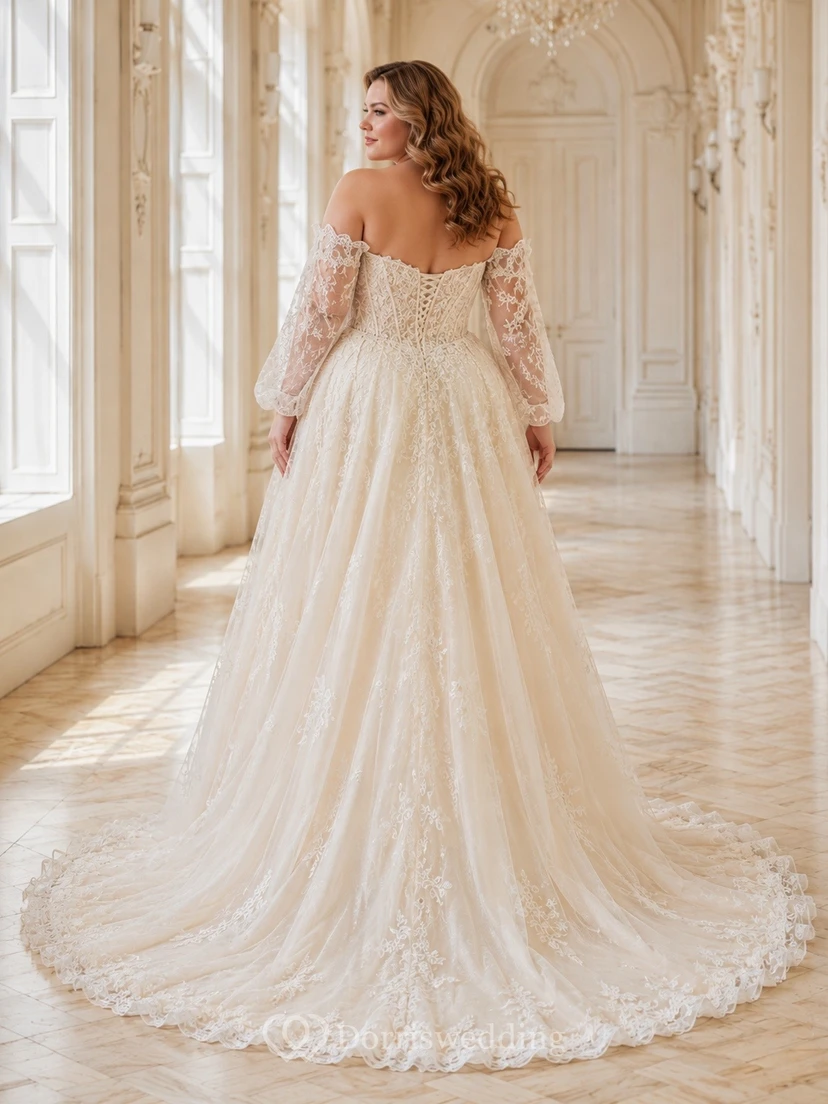 Vestido de novia formal de sirena de talla grande con hombros descubiertos, romántico y elegante. view 2