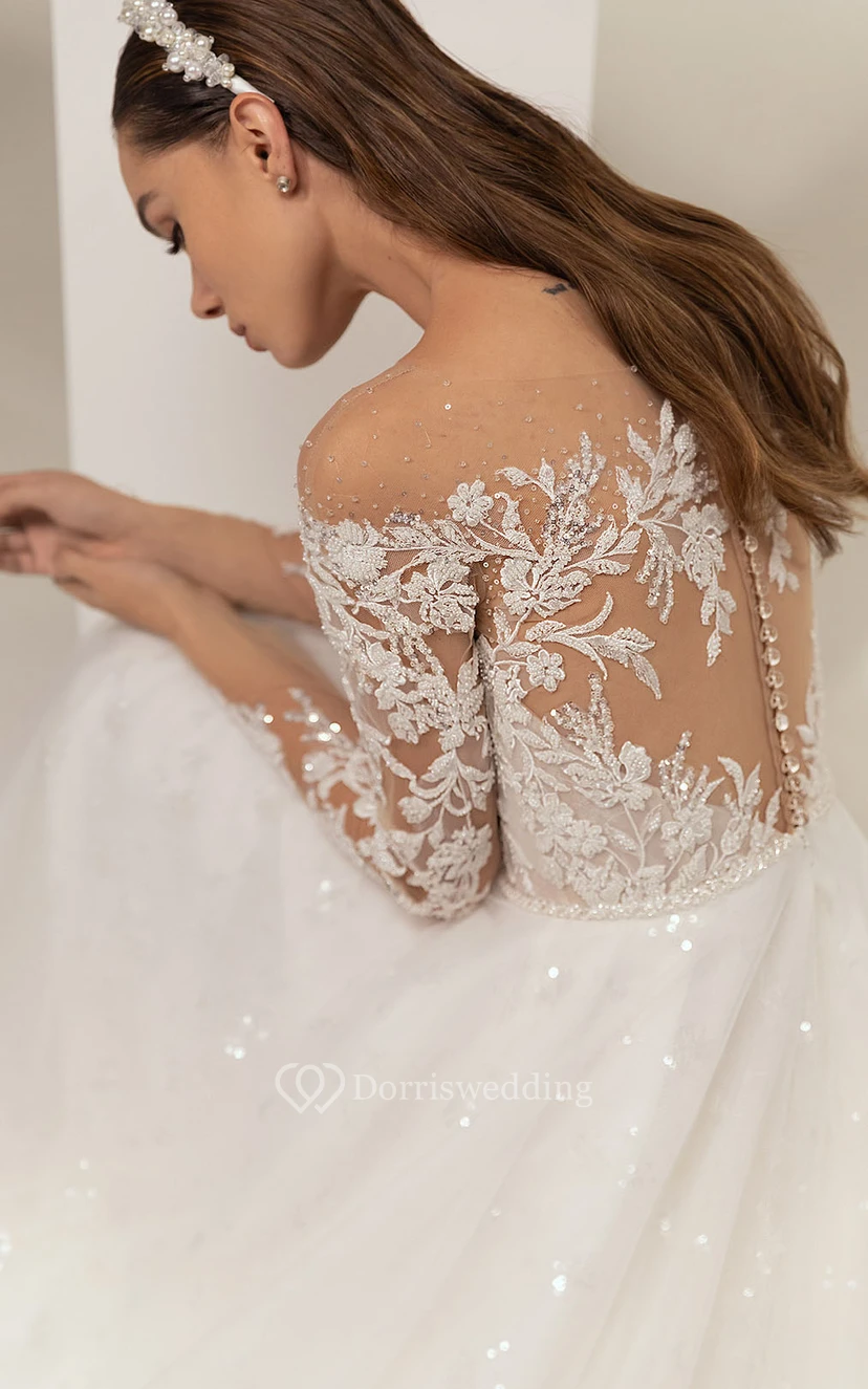 Faritytale Off-the-shoulder A-line Ball Gown Tulle Beaded Long Sleeve Wedding Dress with Applique Top view 3