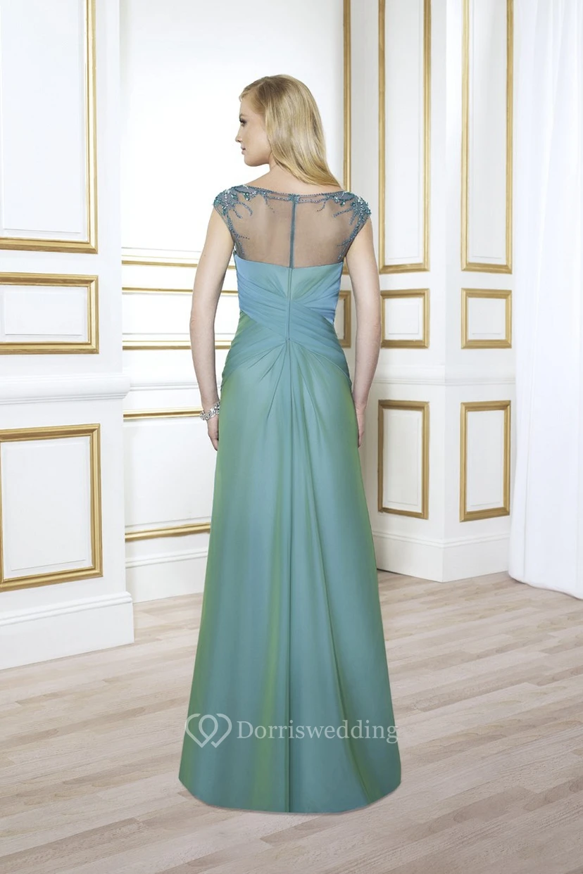 Cap-Sleeve Maxi Scoop-Neck Ruched Satin Formal Dress With Beading view 2