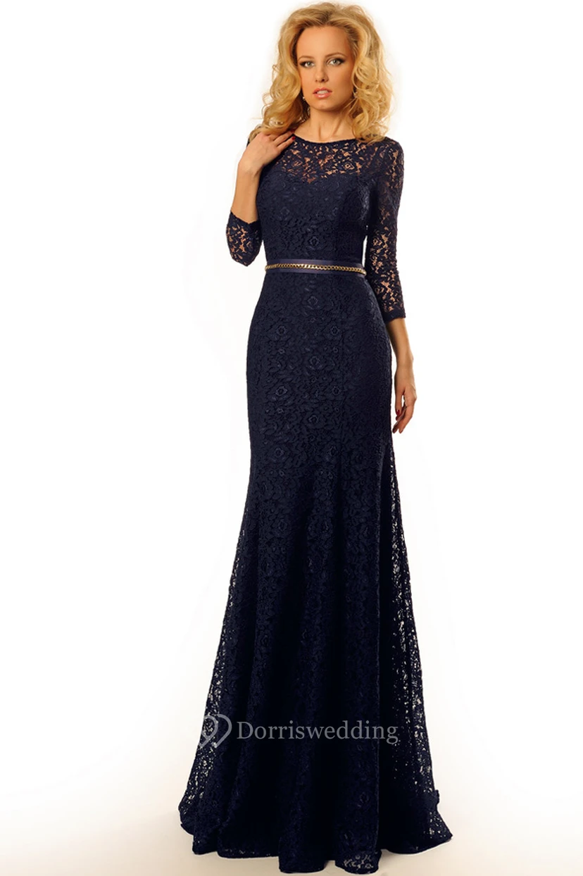 Sheath Jeweled Scoop-Neck Long-Sleeve Floor-Length Lace Prom Dress With Bow