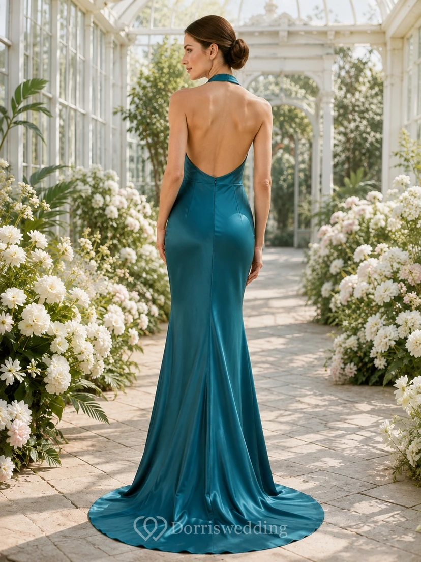 Schlichtes, dunkelgrünes Brautkleid aus Satin mit Neckholder, Wasserfallausschnitt und Meerjungfrauenschnitt sowie Schleppe view 2