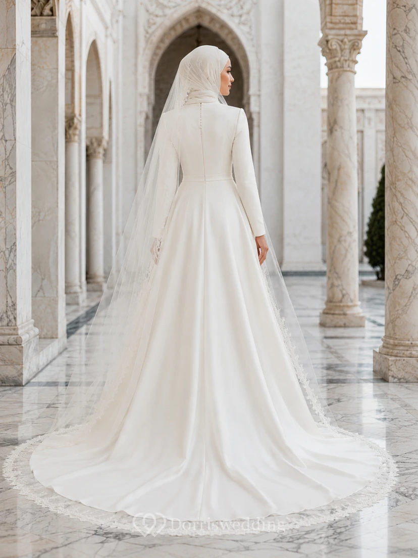 Modest Hijab High Neck Satin Ball Gown Wedding Dress view 2