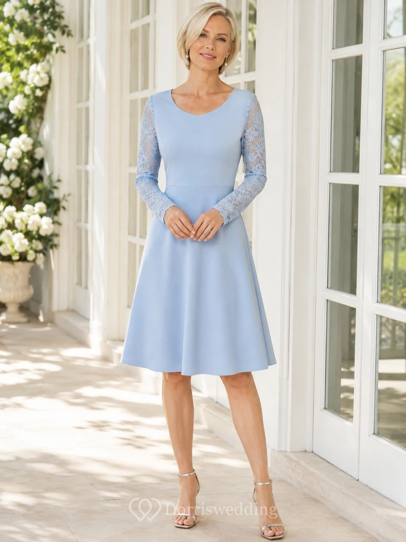Sky Blue Scoop Neck Long Sleeve Jersey A Line Midi Dress