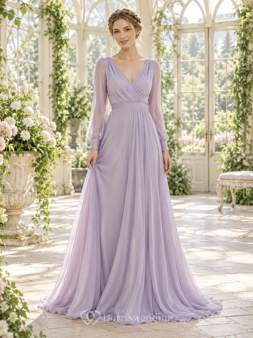 Simple Long Sleeve Lavender V-neck Chiffon A-line Elegant Evening Dress
