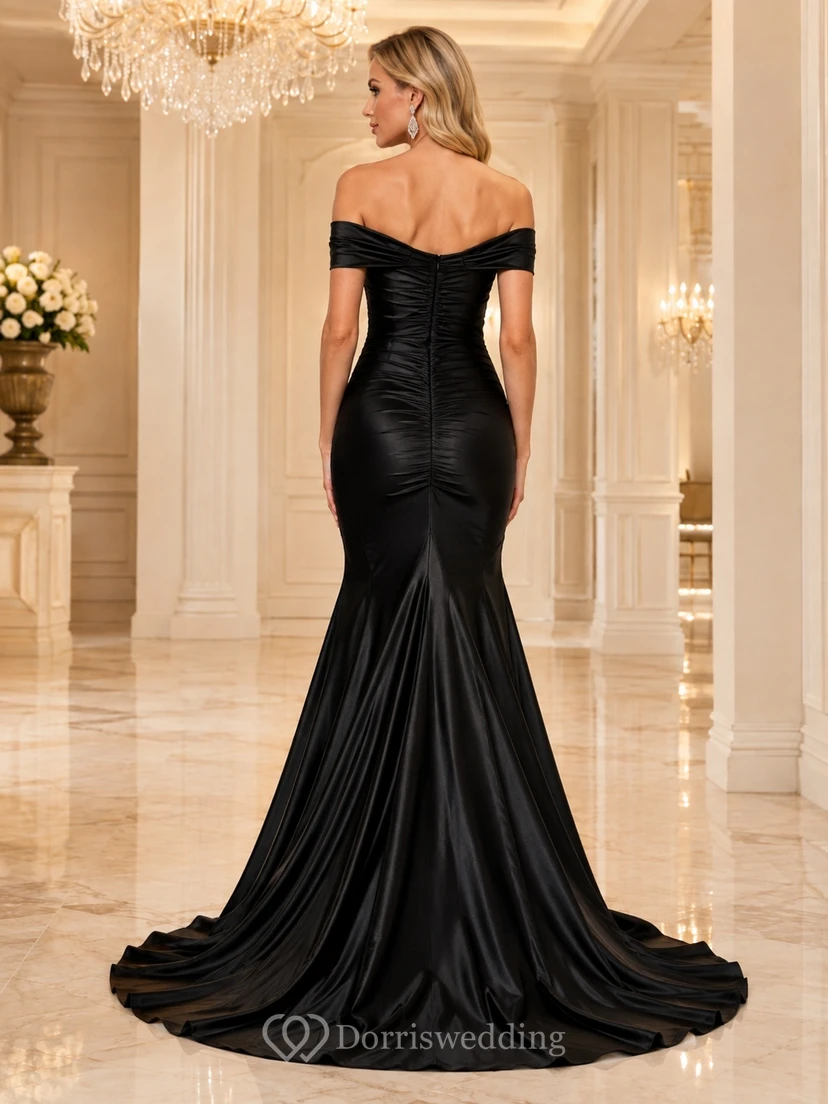 Schwarzes schulterfreies, kurzärmeliges, bodenlanges Meerjungfrauen-Galakleid aus Stretch-Satin mit Raffungen und Stretchanteil view 2