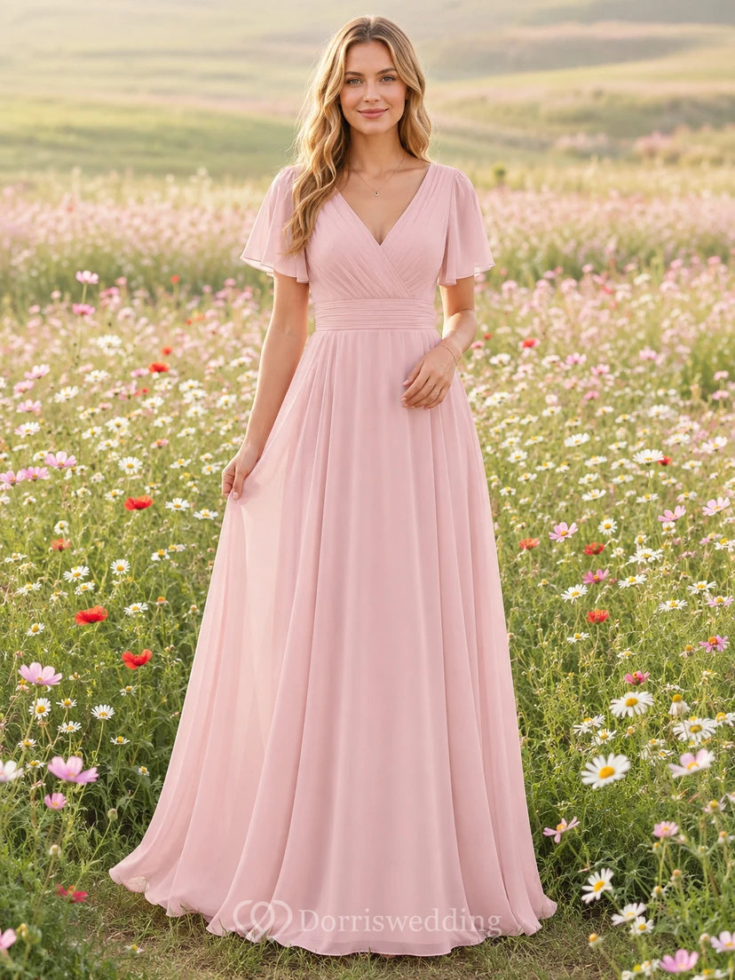 Pearl Pink Chiffon A-Line V-Neck Flutter Sleeve Pleated Low Back Floor-Length Bridesmaid Dress